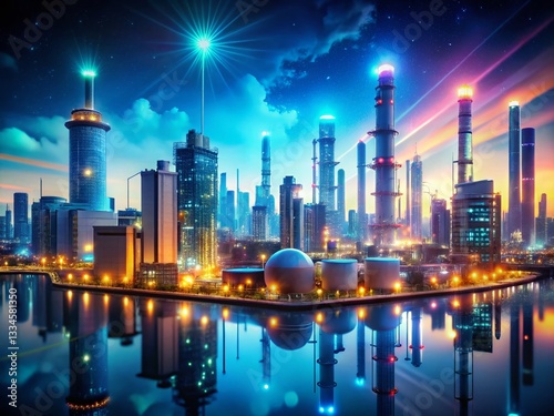 Night Photography: Clean Energy from Hydrogen Fuel Cells Powering Cityscape