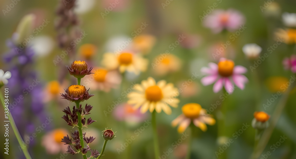Fototapeta premium Background nature, flowers. Blurred background of wildflowers, soft light, emphasis on natural colors and textures. 