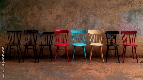 Colorful Chairs Against Textured Wall   Eclectic Home Decor  Vintage Furniture  Retro Styl