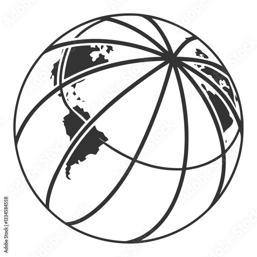 Stylized black and white illustration of a globe representing geography and global connection