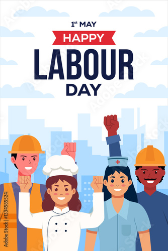happy labour day vertical banner illustration in flat style