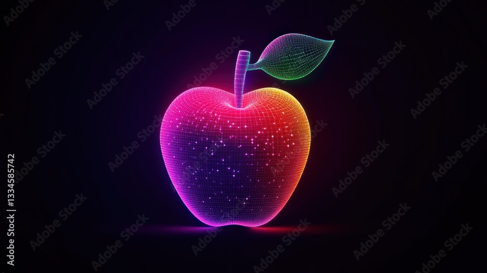 Obraz premium Neon Apple Glowing Dark Background Digital Art