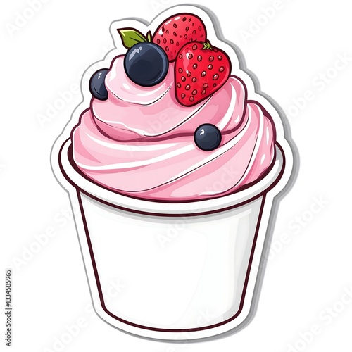 cute smiley happy cartoon sticker creamy strawberry frozen yogurt paper cup character illustration drawing, white background	
