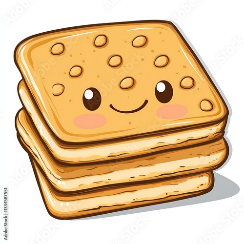 cute smiley happy cartoon sticker peanut butter cracker cookie stacks snacks character illustration drawing, white background	
