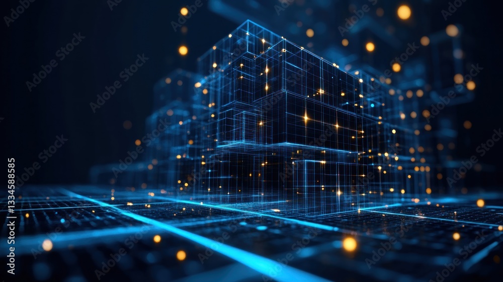 Obraz premium Digital Cityscape Data Cubes Glow, Network Flows