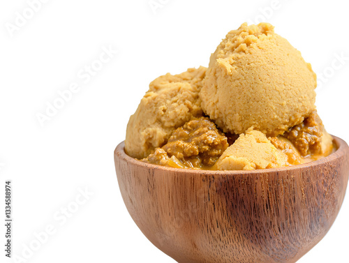 Traditional African fufu on a white background, a staple West African dish made from pounded yams, cassava, or plantains.

