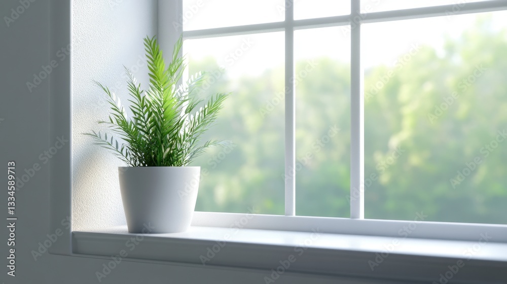 Fototapeta premium Fresh Green Plant on Windowsill with Natural Light Background