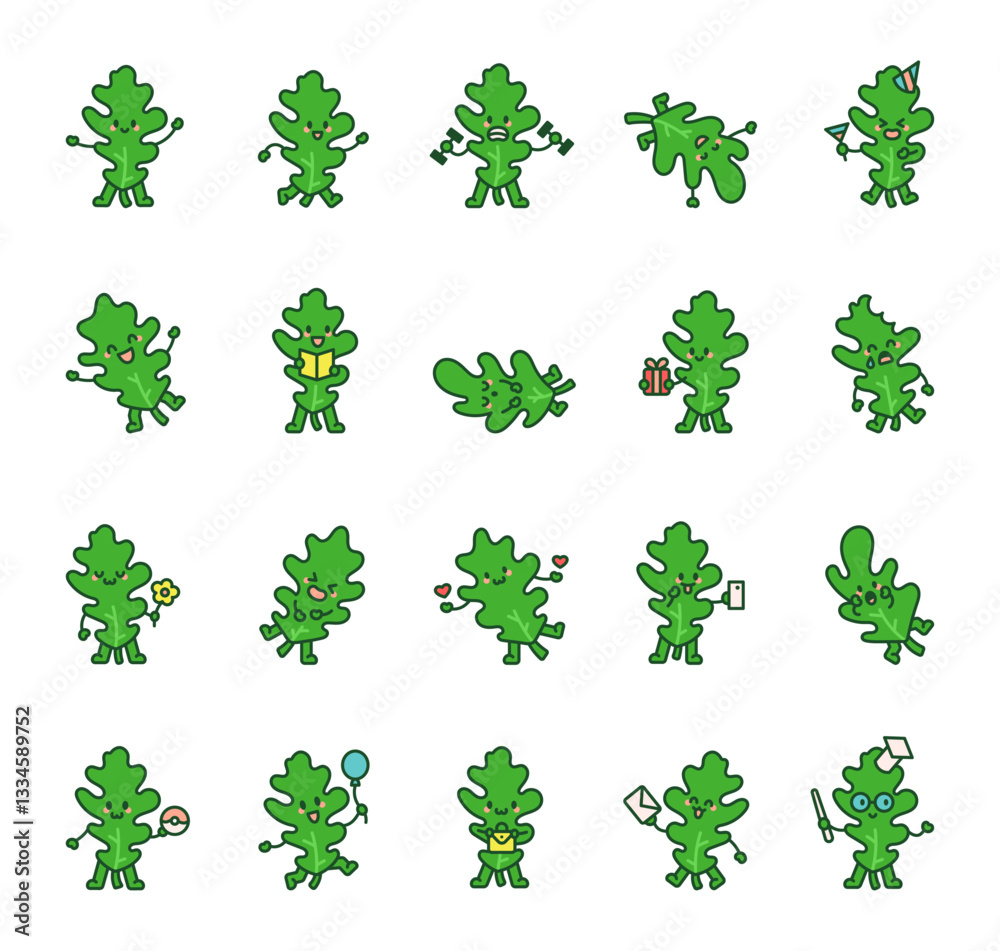 Set of charming oak leaf characters showing different emotions and performing various activities for creative decoration, festive designs, for yours cheerful illustrations, and artistic projects Set of charming oak leaf characters showing different emotions and performing various activities for creative decoration, festive designs, for yours cheerful illustrations, and artistic projects
