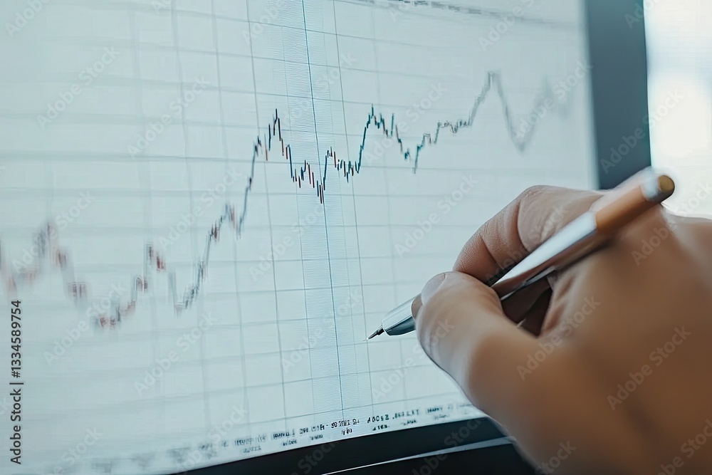 Analyzing financial data on a screen. A hand with pen examines market trends Analyzing financial data on a screen. A hand with pen examines market trends