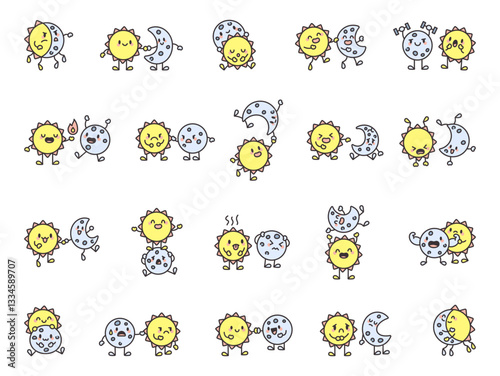 Adorable sun and moon relationship set featuring cute cartoon characters with different emotions, charming expressions, and celestial interactions showing friendship and cosmic connections