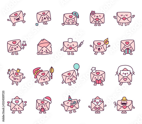 Love letter set featuring adorable kawaii cartoon characters with different emotions, fun accessories, and festive elements perfect for valentines day celebration and greeting cards
