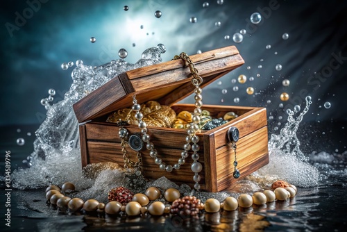 Overhead Shot: Water Splashing on Wooden Jewelry Box, Gray & Industrial Tones, Feminine Style