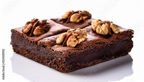 Indulgent Brownie Delight: A close-up shot of a rich, decadent brownie topped with fresh walnut pieces, perfectly showcasing its moist texture and inviting appearance. 