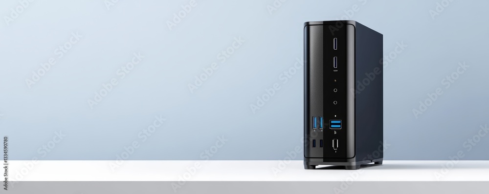 Sleek black desktop computer on a minimalistic shelf, perfect for modern workspace and tech-themed projects. Sleek black desktop computer on a minimalistic shelf, perfect for modern workspace and tech-themed projects.