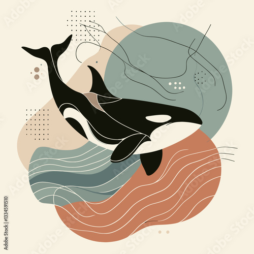 Stylized orca whale illustration with flowing lines and abstract waves on a soft background