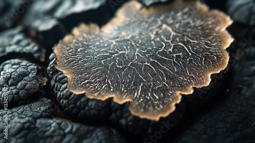 Detailed close up of a sliced black truffle revealing its beautiful marbling and texture, a prized gourmet ingredient in culinary arts, displayed with whole truffles