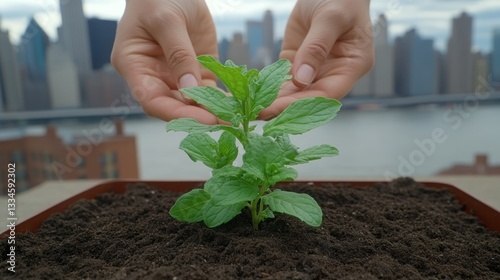 Urban rooftop garden mint plant care photo