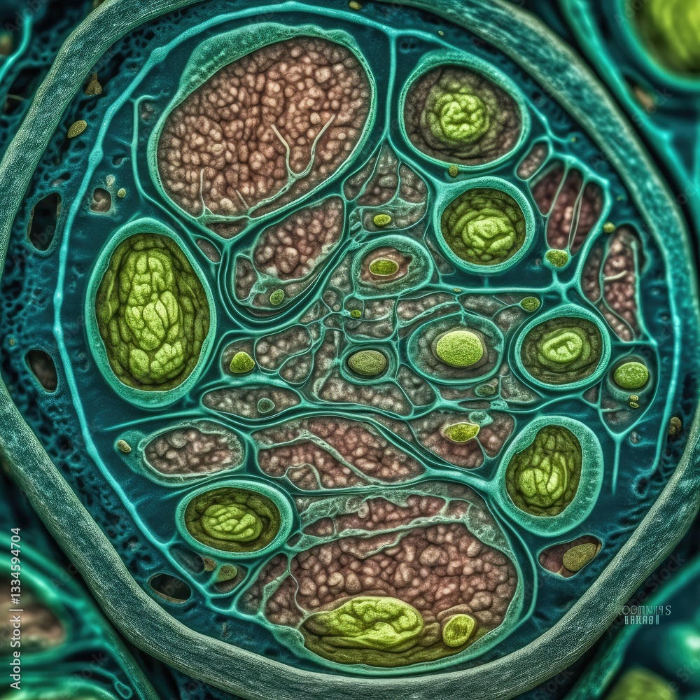 Obraz premium Detailed Close-Up of Abstract Cellular Structure with Green Nuclei and Network, Showing Complex Biological Patterns and Textures, Artistic Rendering