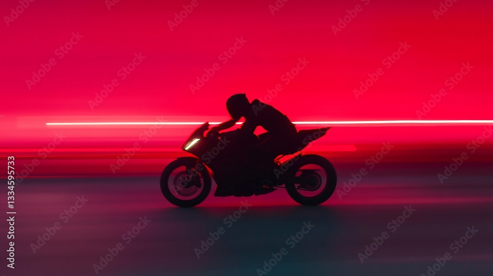 Obraz premium Rider on motorcycle, individual leaning forward on sleek bike against vibrant red backdrop, emphasizing speed and adventure.