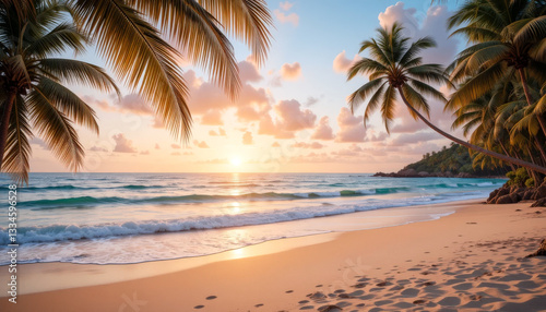 serene tropical beach at sunset with palm trees, golden sand, and gentle ocean waves under colorful sky