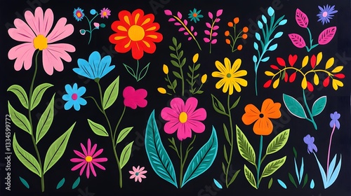 Wallpaper Mural Colorful assorted flowers and leaves arranged on a dark background Torontodigital.ca