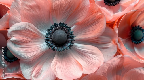 Detailed close up showcasing the delicate texture and soft pastel pink hue of anemone petals with a dark center, creating a tranquil floral scene