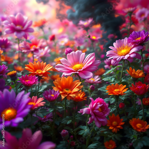 Champ de fleurs colorées et lumineuses