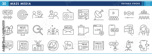 A set of line icons related to Mass Media. News, tv, radio, interview, mic, interview, podcast, newspaper, video, and so on. Vector editable stroke.
