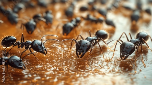 Close-up of ants foraging on sticky substance, colony in background