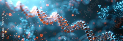 Detailed illuminated representation of a DNA molecule structure with vibrant orange and blue hues against a bokeh background, symbolizing genetic research and medical advancement