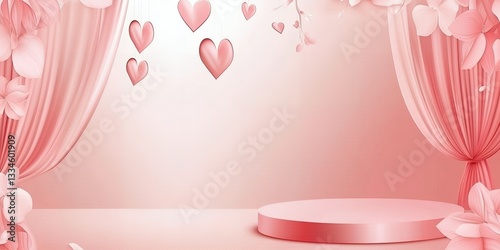 Romantic Pink Product Display with Hearts Flowers and Draped Curtains