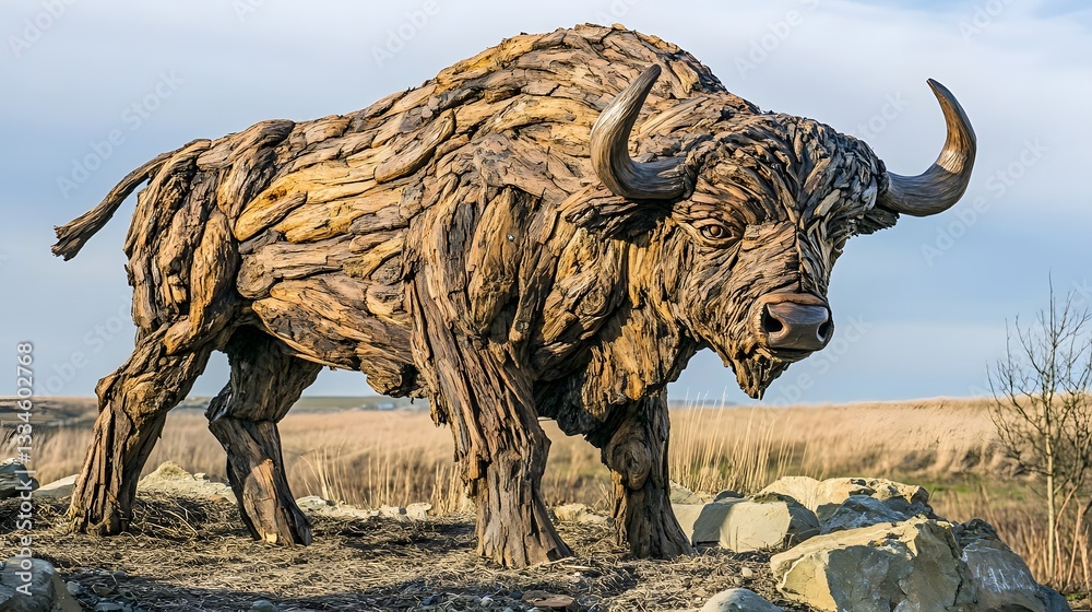 Fototapeta premium Wooden sculpture of a bison standing majestically in a natural landscape under a cloudy sky