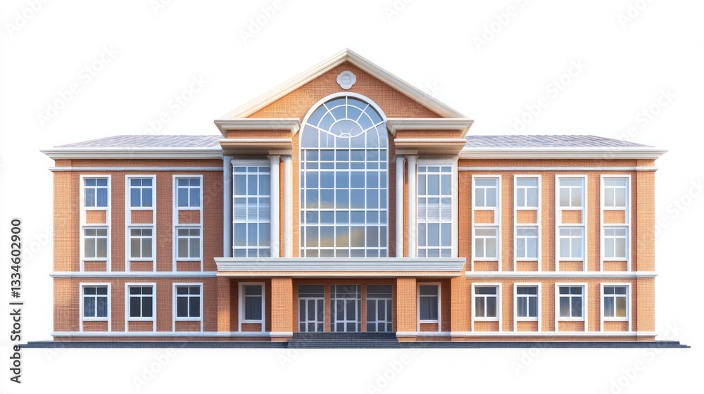 Fototapeta premium A beautifully designed educational structure stands tall with its expansive glass front capturing the amber light of dusk