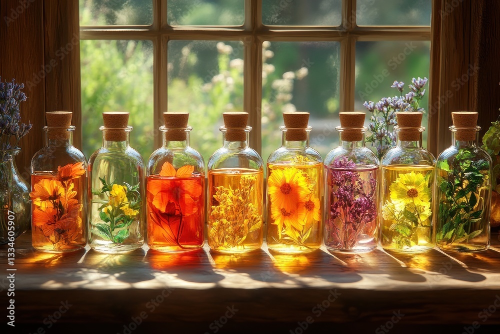 Herbal Infusions in Artistic Glass Bottles with Unique Labels Showcasing Natural Ingredients and Craftsmanship Herbal Infusions in Artistic Glass Bottles with Unique Labels Showcasing Natural Ingredients and Craftsmanship