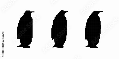 Three penguin silhouettes standing together, each facing the same direction, emphasizing simple shapes.