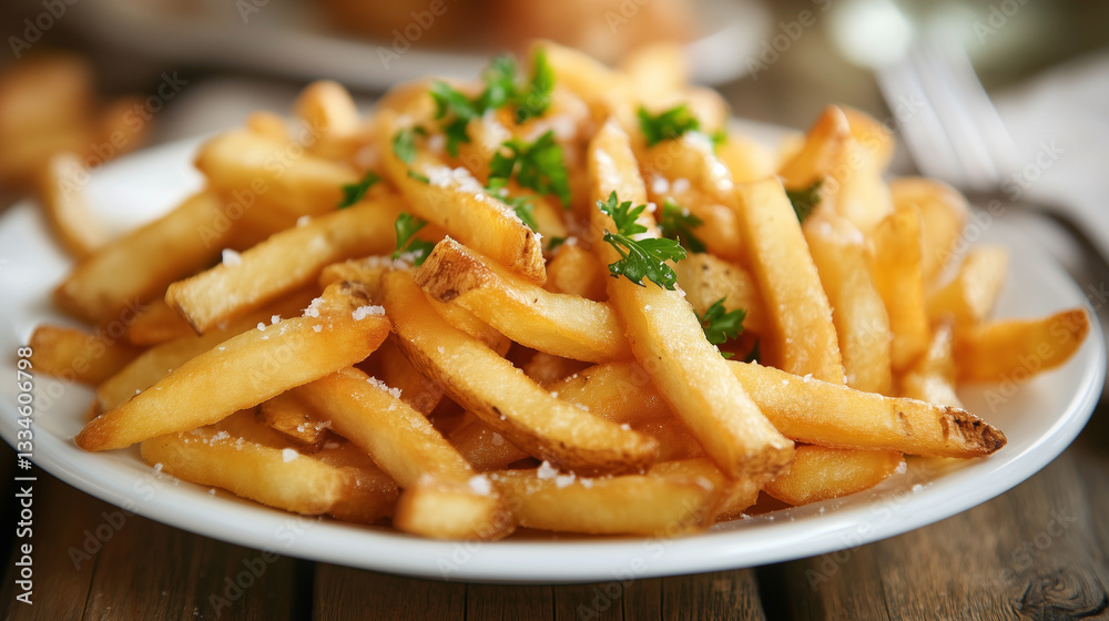 A plate of crispy golden French fries, sprinkled with sea salt and garnished with fresh parsley