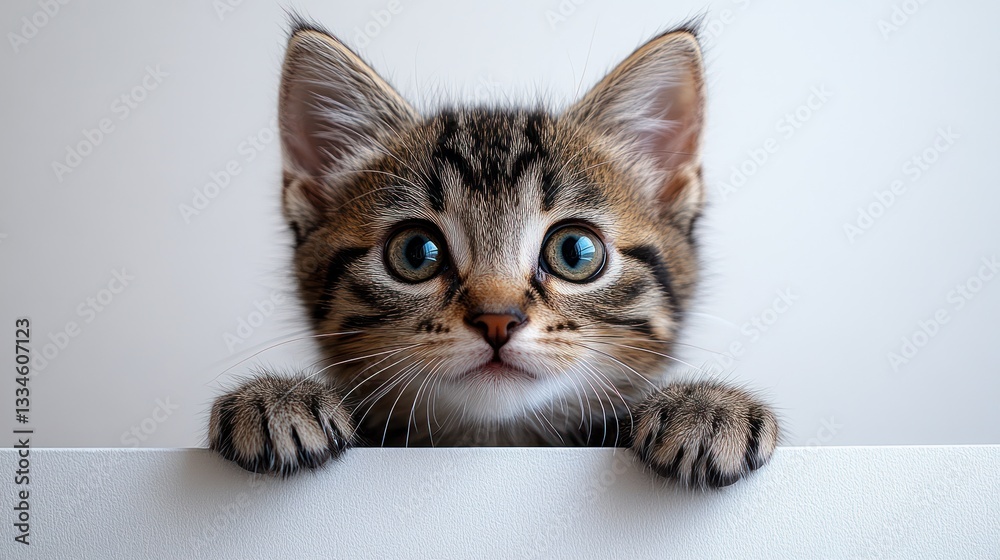 Curious Tabby Kitten Peeking Over White Surface with Innocent Eyes and Soft Fur Texture Curious Tabby Kitten Peeking Over White Surface with Innocent Eyes and Soft Fur Texture