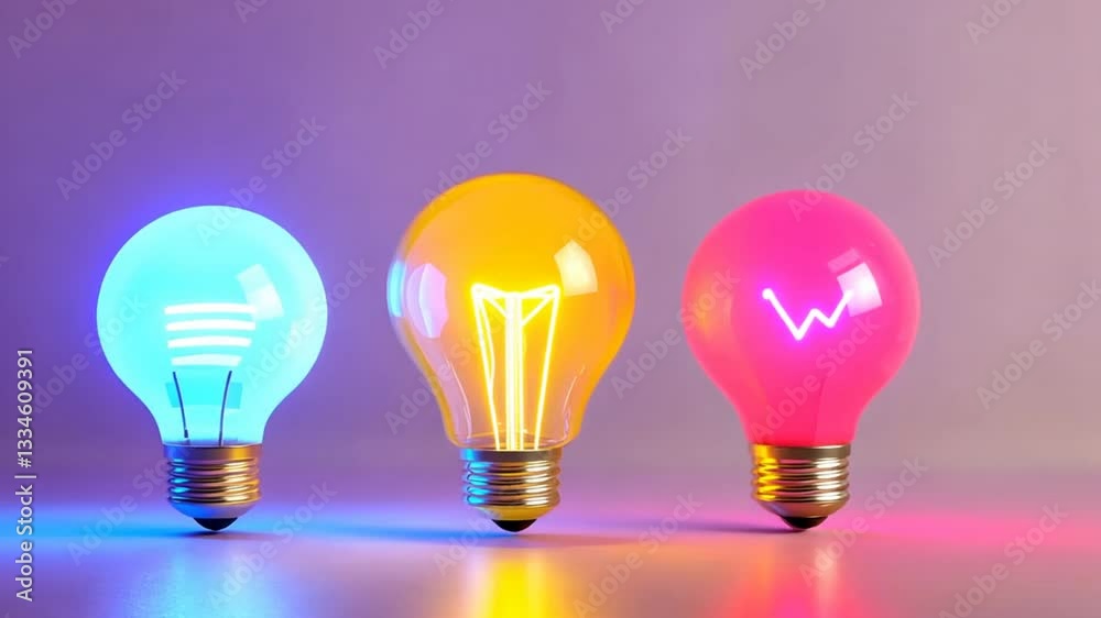 Illuminating Ideas: Three vibrant light bulbs, each glowing with a unique color and a symbol representing concepts of innovation, illuminating the scene and stimulating thought. Illuminating Ideas: Three vibrant light bulbs, each glowing with a unique color and a symbol representing concepts of innovation, illuminating the scene and stimulating thought.