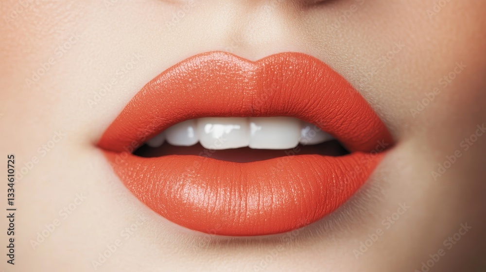 Obraz premium Close-up of Smooth Lips with Bright Orange Lipstick on a Soft Background