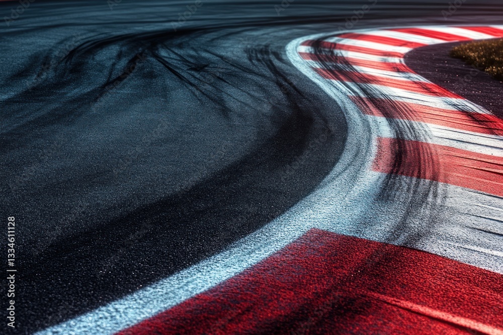 Obraz premium Dynamic Race Track Curve with Skid Marks Asphalt Texture Black Tire Mark Fast Car Motorsport Competition
