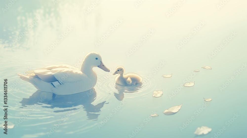 Obraz premium A family of ducks paddling in a tranquil pond.