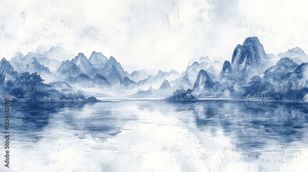 Fototapeta premium Serene Blue Landscape with Mountains and Calm Water Reflection in an Artistic Style