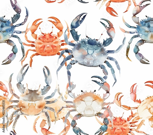 Detailed watercolor painting of vibrant crabs in shades of orange, blue, and grey creating a seamless repeat pattern against a plain white backdrop, ideal for marine themes