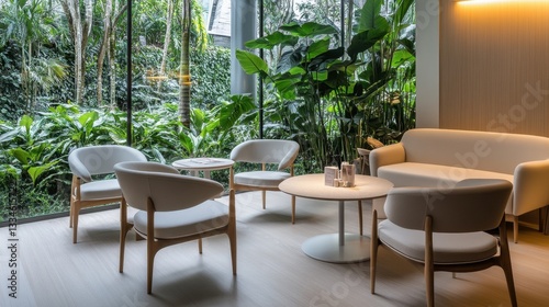 Modern Lounge Area with Seating Surrounded by Lush Greenery