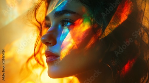 Model poses with colorful light reflections showcasing artistic beauty at an indoor setting in the afternoon