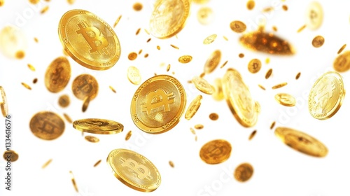 Wallpaper Mural Digital Gold Rush: A Shower of Golden Cryptocurrency Coins Falling Against a Clean White Background, Representing Financial Wealth and Technological Innovation Torontodigital.ca
