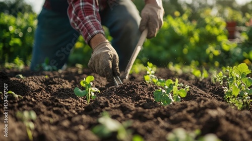 Farmer cultivating land in the garden with hand tools, loosening soil photo