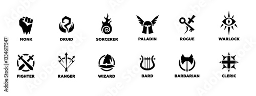 Icons of fantasy classes such as monk, paladin, warlock, and more in black and white.
