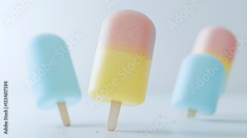 Three ice cream sticks with different colors and a sprinkle on top. Concept of fun and playfulness, as the ice cream sticks are arranged in a playful manner