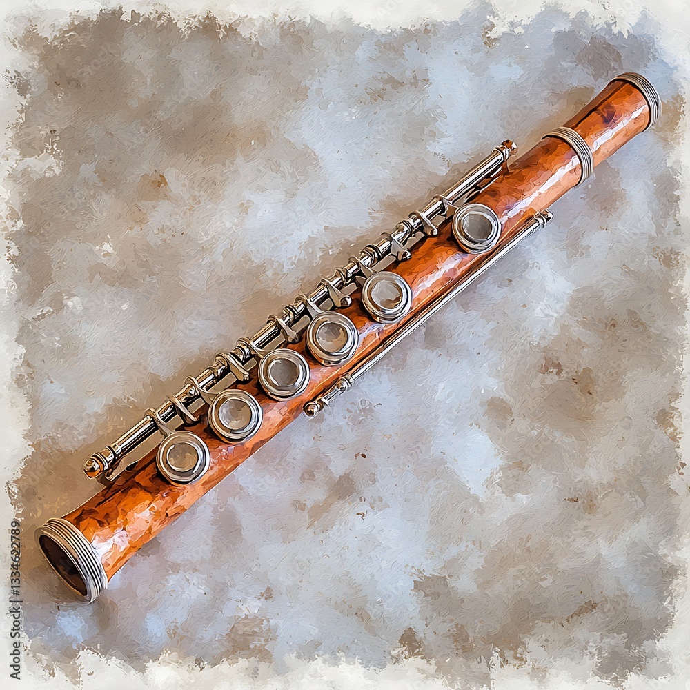 Naklejka premium Elegant Wooden Flute on Textured Background A Musical Instrument Image.